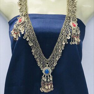 Silver Kuchi Tassels Long Pendant Necklace With Glass Stones  Vintage Kuchi